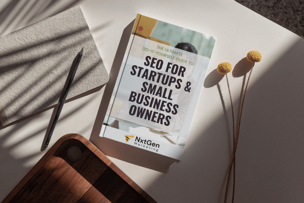 seo for startups and small business owners ebook lying on a table
